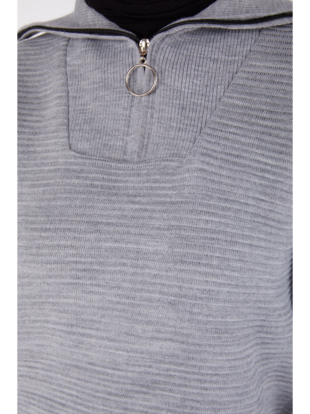 Fitili Fermuarlı Triko Kazak Gri - 27632-5