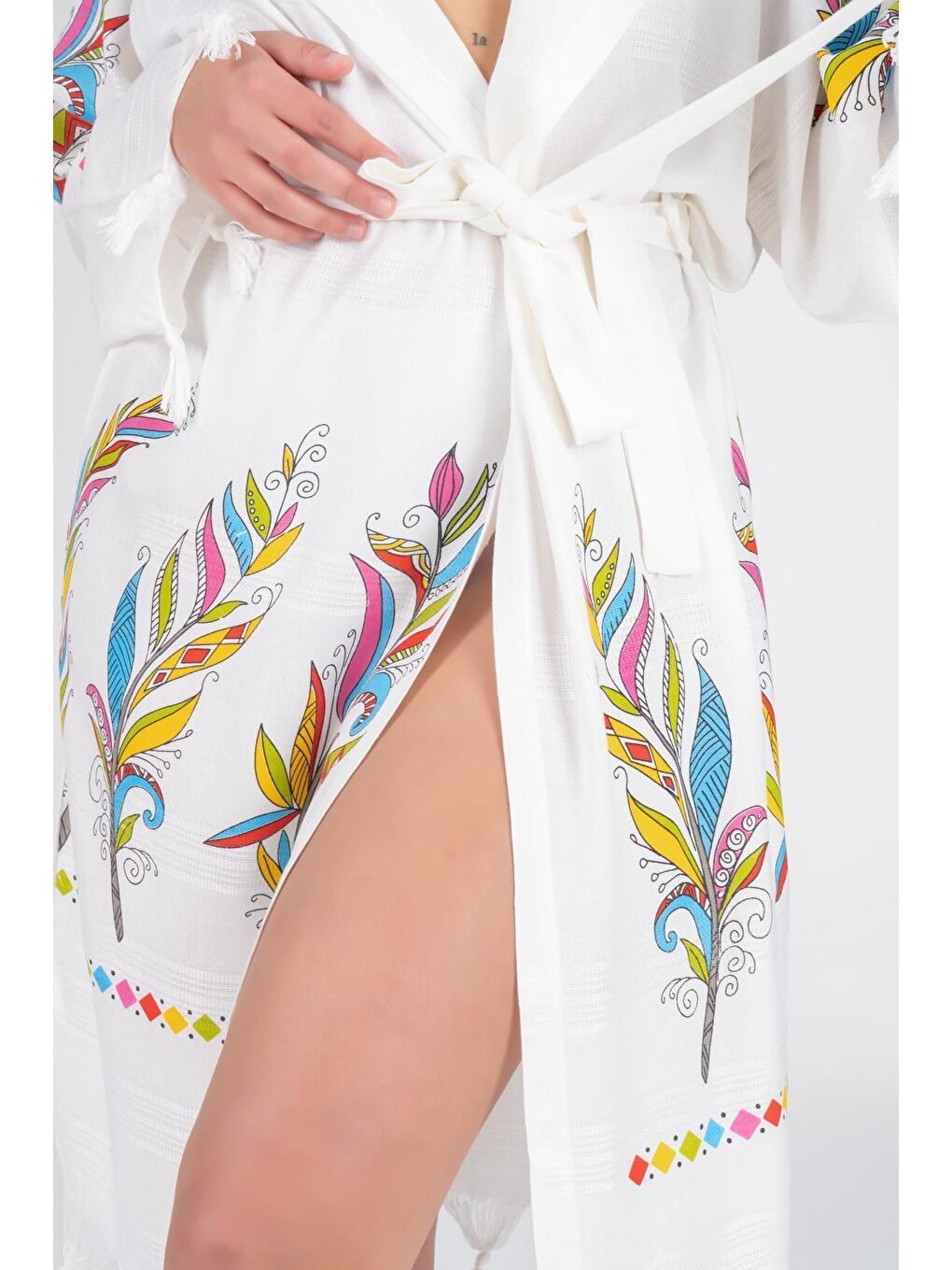 Ekru Baskılı Bambu Peştemal Sabahlık Bornoz TUY/S