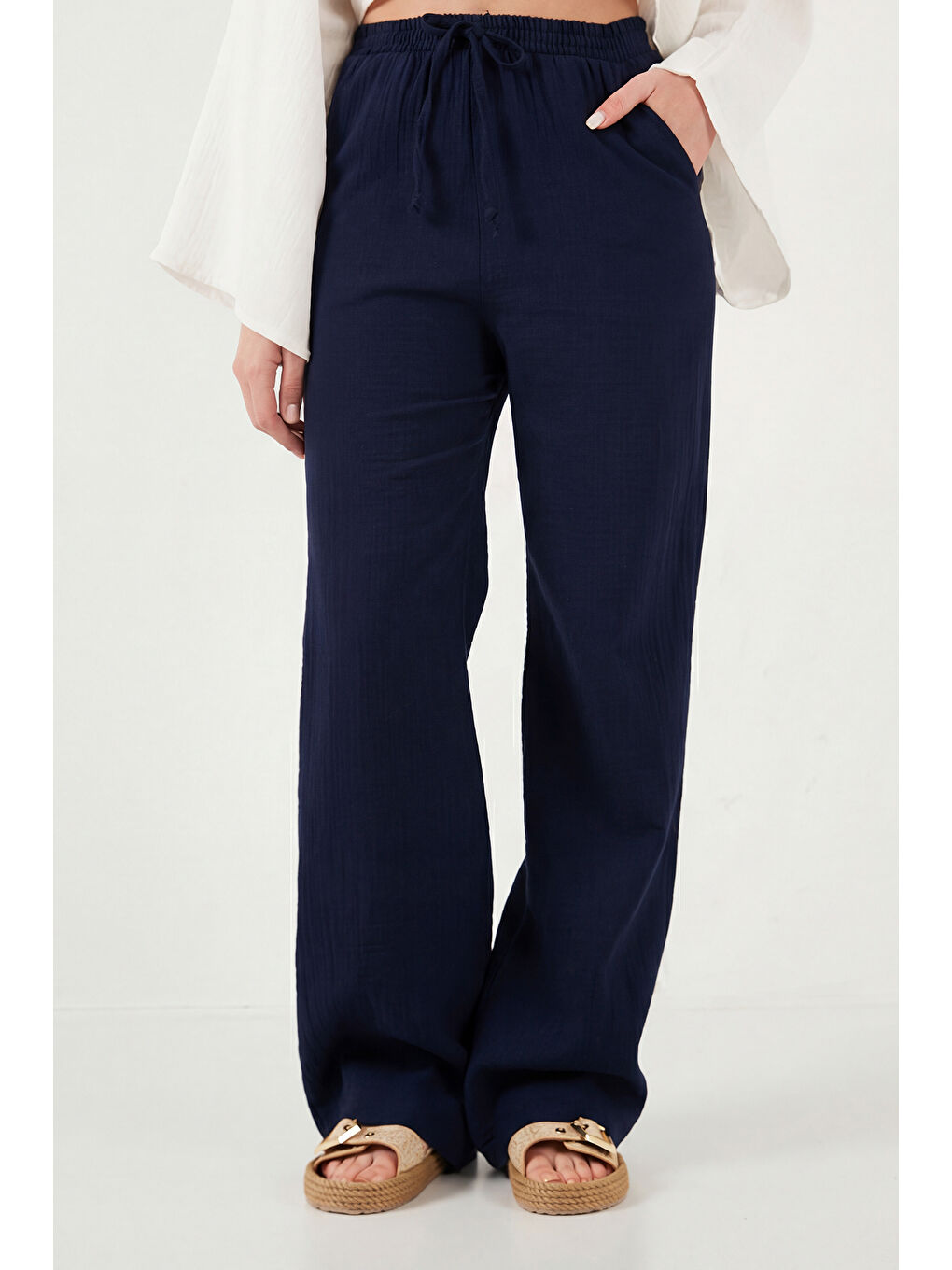 Lacivert Pamuklu Bağlamalı Relaxed Fit Yüksek Bel Geniş Paça Kadın Müslim Pantolon 5866663-4
