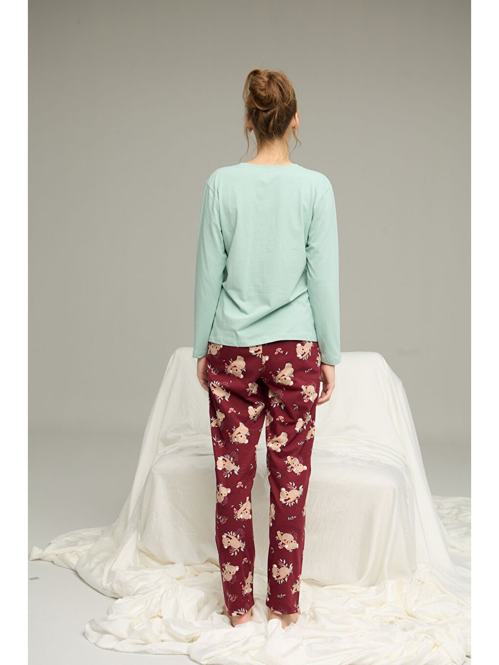 Yeşil Bordo Koala Desenli Pamuklu Bisiklet Yaka Örme Pijama Takım25241156-1