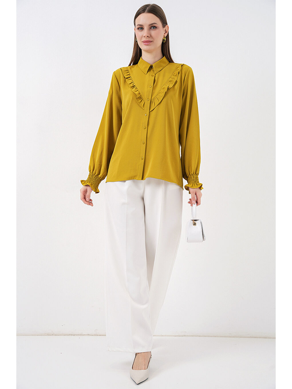 Sarı 20223 Fırfırlı Uzun Kol Gömlek - Hardal-1
