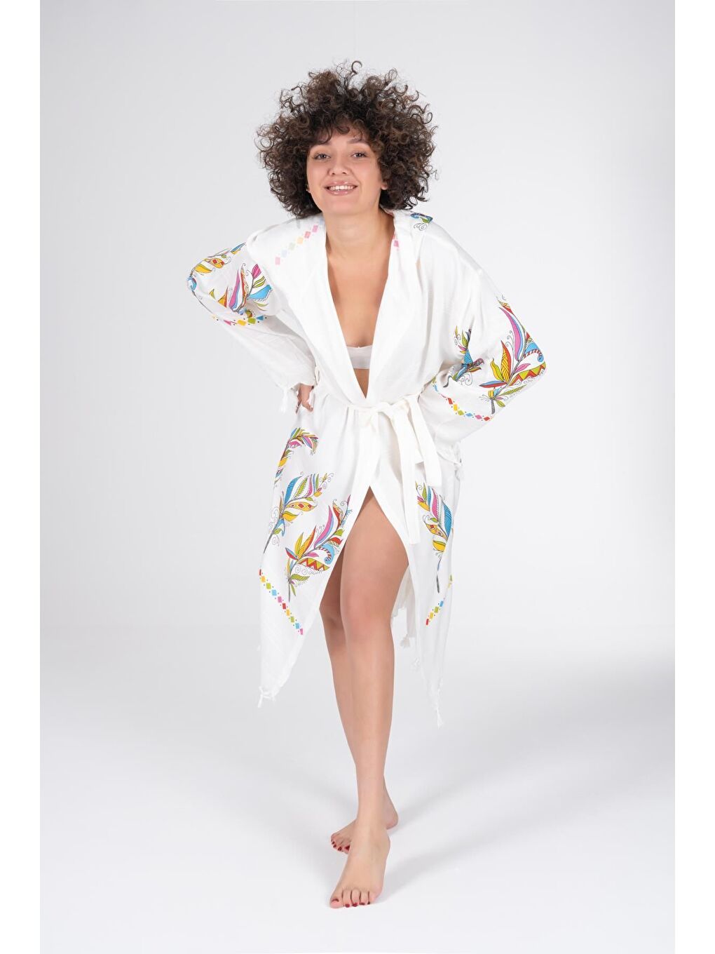 Ekru Baskılı Bambu Peştemal Sabahlık Bornoz TUY/S-2