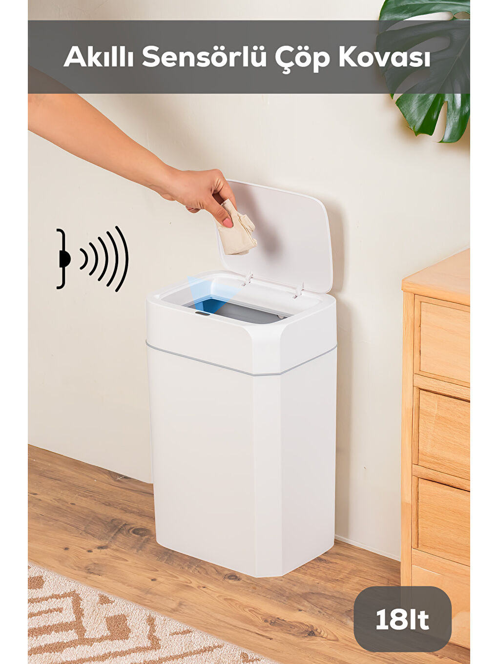 Beyaz Me02 Hareket Sensörlü Sessiz Çöp Kutusu 18 lt-4