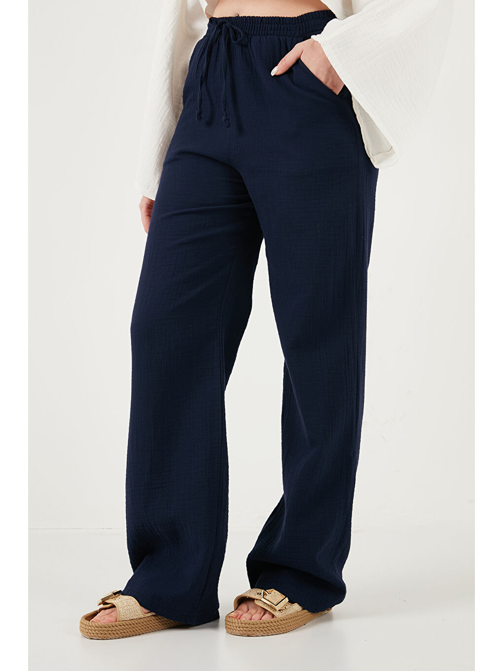 Lacivert Pamuklu Bağlamalı Relaxed Fit Yüksek Bel Geniş Paça Kadın Müslim Pantolon 5866663-5