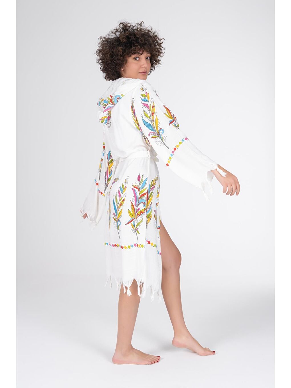 Ekru Baskılı Bambu Peştemal Sabahlık Bornoz TUY/S-4