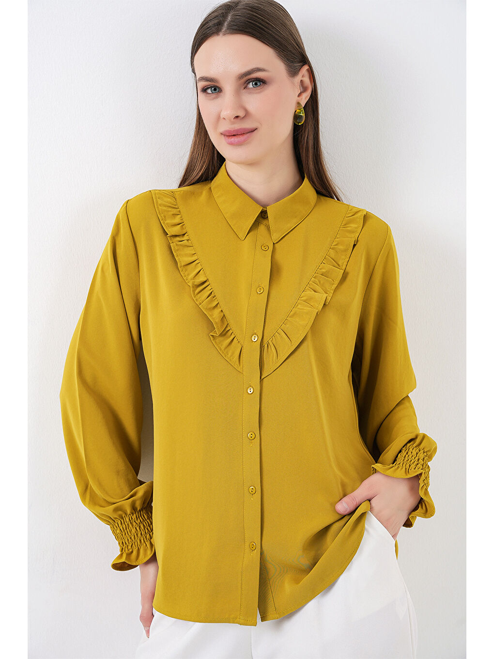 Sarı 20223 Fırfırlı Uzun Kol Gömlek - Hardal-2