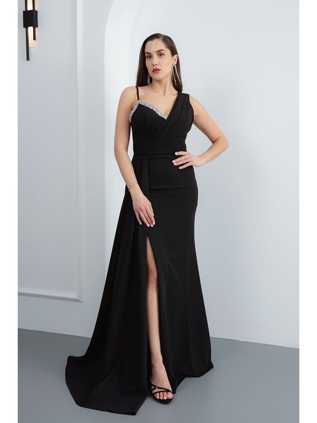 Kadın Siyah Tek Omuz Taşlı Söz Nişan Nikah Abiye Elbise-1