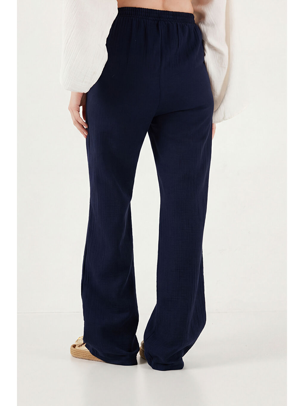 Lacivert Pamuklu Bağlamalı Relaxed Fit Yüksek Bel Geniş Paça Kadın Müslim Pantolon 5866663-6