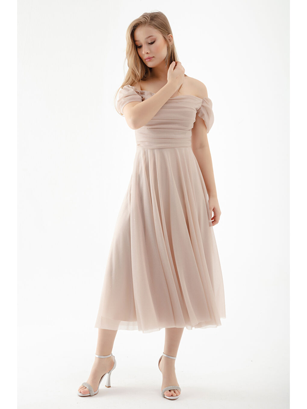 Kadın Bej Kayık Yaka Drapeli Midi Kloş Abiye Elbise-2