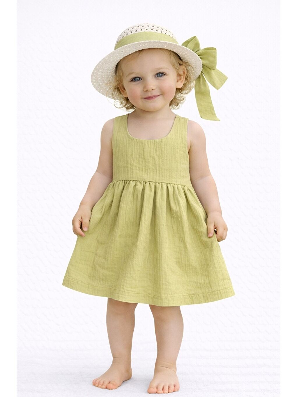 Yeşil Tatlı Kız Bebek Yazlık Fiyonklu Şapkalı Pamuklu 2'li elbise
