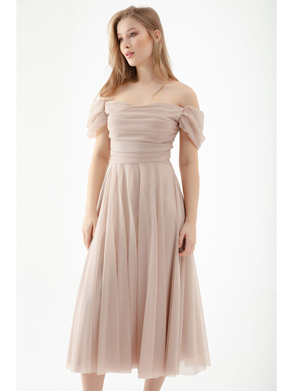 Kadın Bej Kayık Yaka Drapeli Midi Kloş Abiye Elbise-3