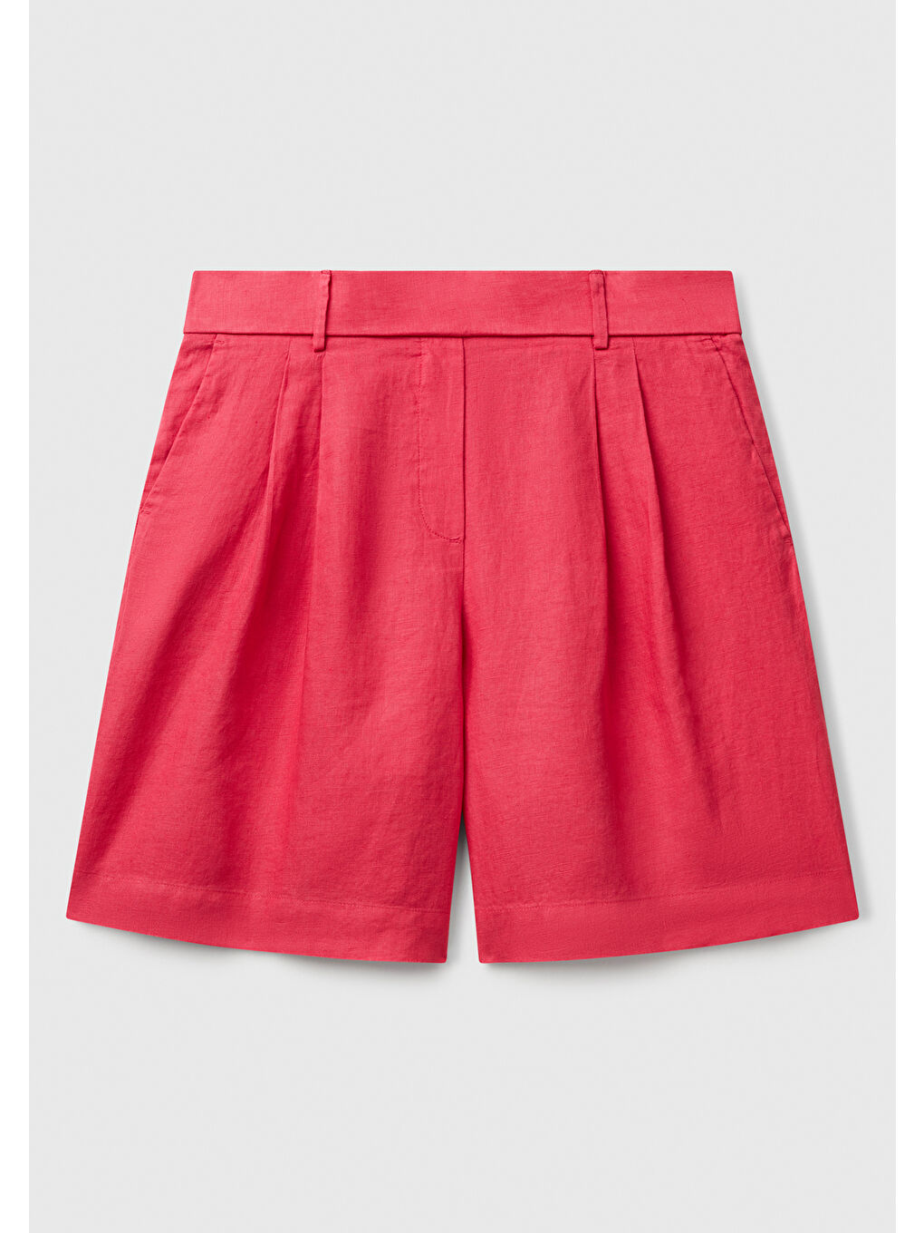 Kadın Fuşya %100 Keten Arka Beli Lastikli Pileli Relax Fit Bermuda Şort-1