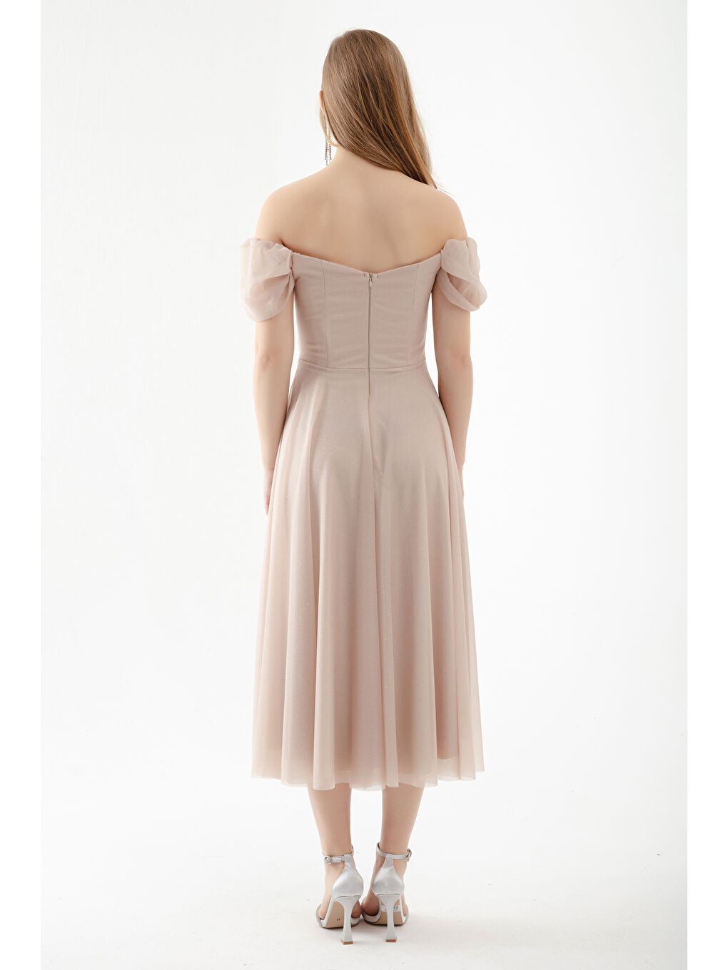 Kadın Bej Kayık Yaka Drapeli Midi Kloş Abiye Elbise-4