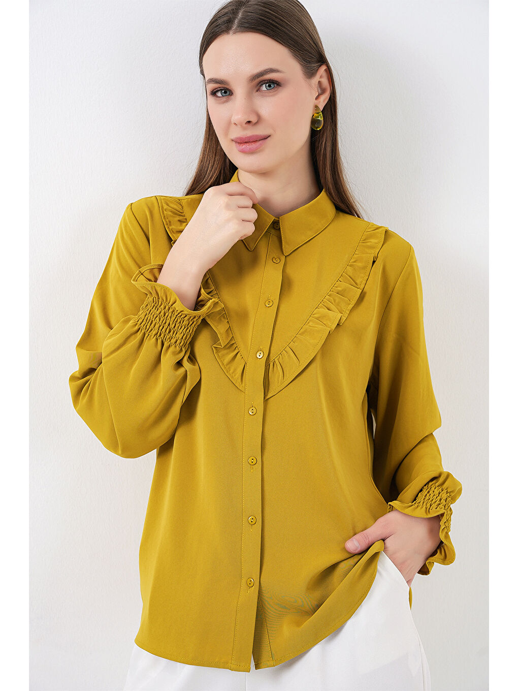 Sarı 20223 Fırfırlı Uzun Kol Gömlek - Hardal-3