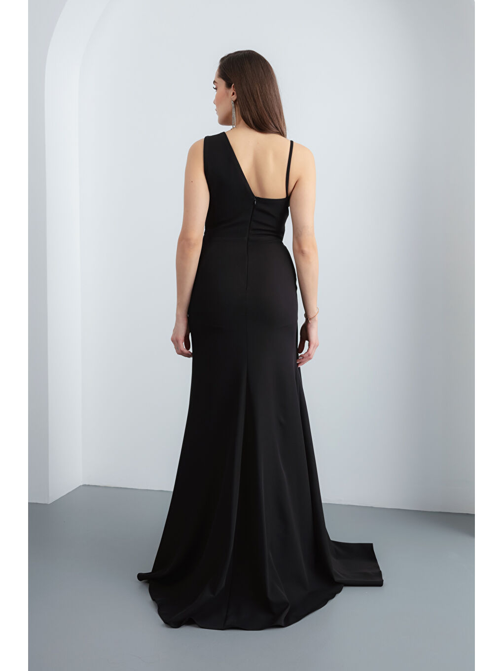 Kadın Siyah Tek Omuz Taşlı Söz Nişan Nikah Abiye Elbise-4