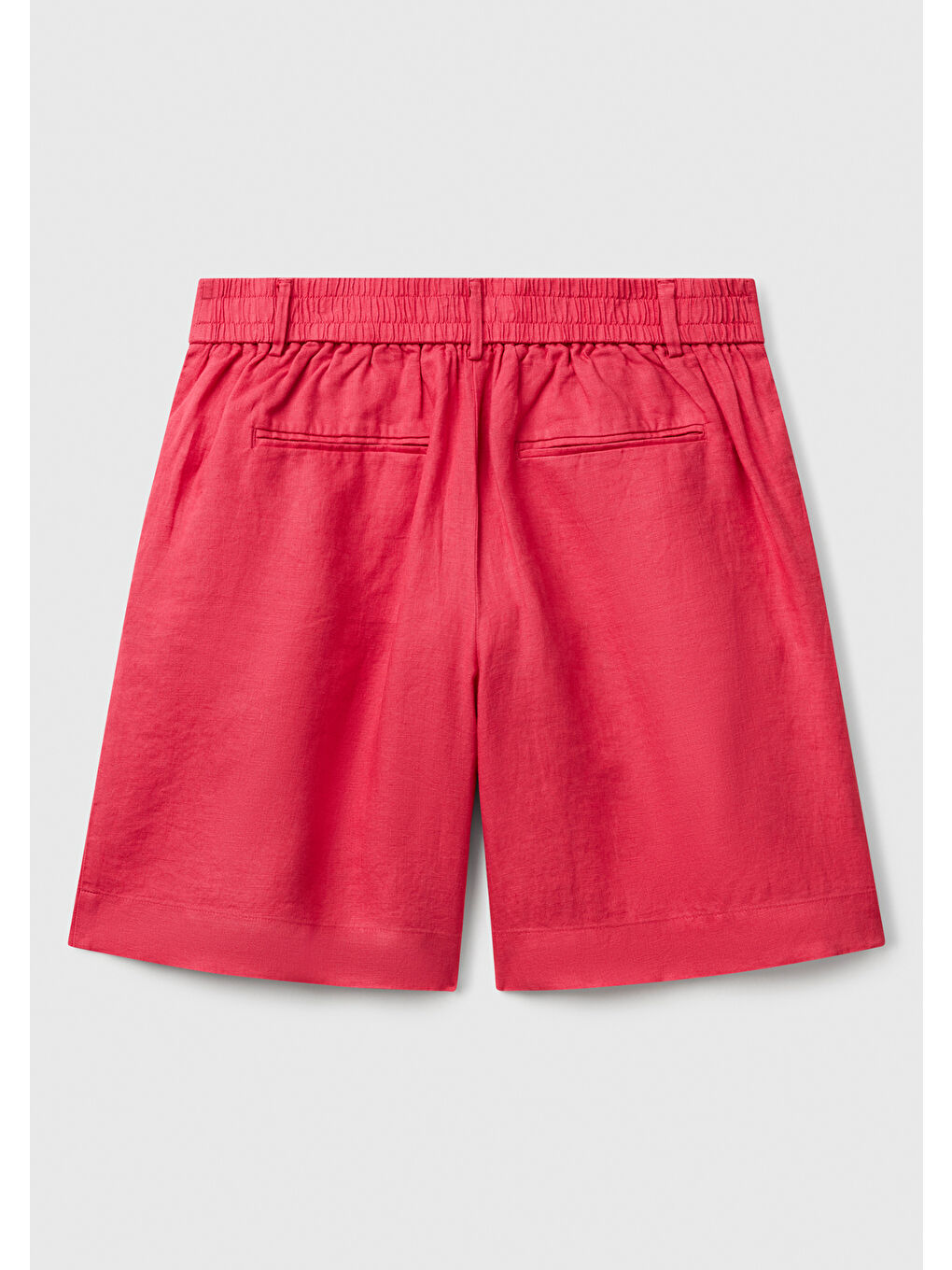 Kadın Fuşya %100 Keten Arka Beli Lastikli Pileli Relax Fit Bermuda Şort-3