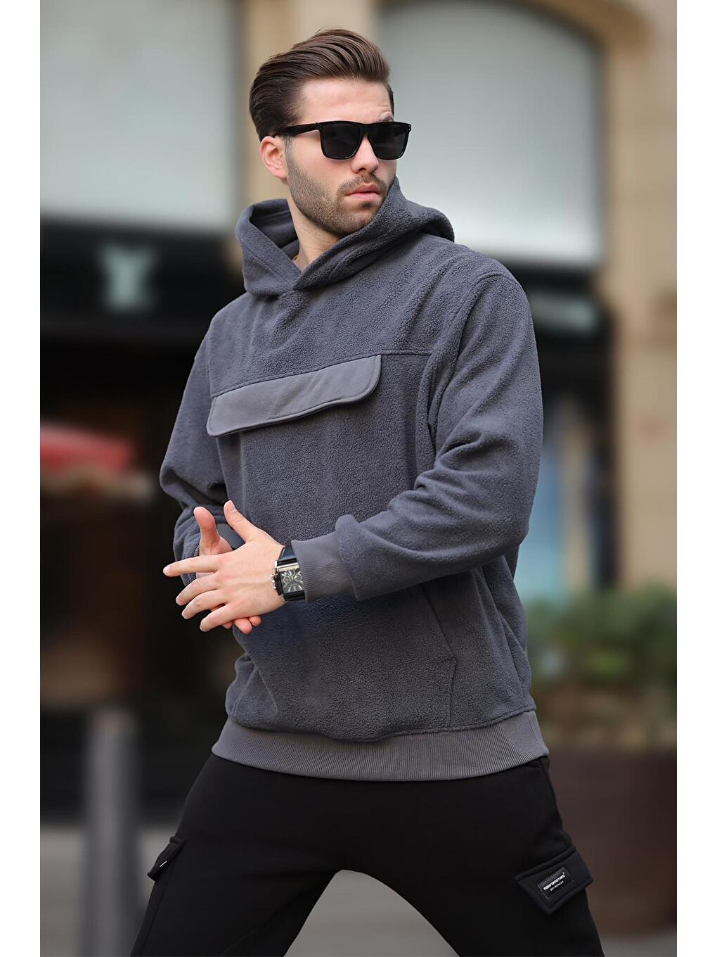 Madmext Füme Kapüşonlu Kapaklı Cep Detaylı Polar Erkek Sweatshirt 7097