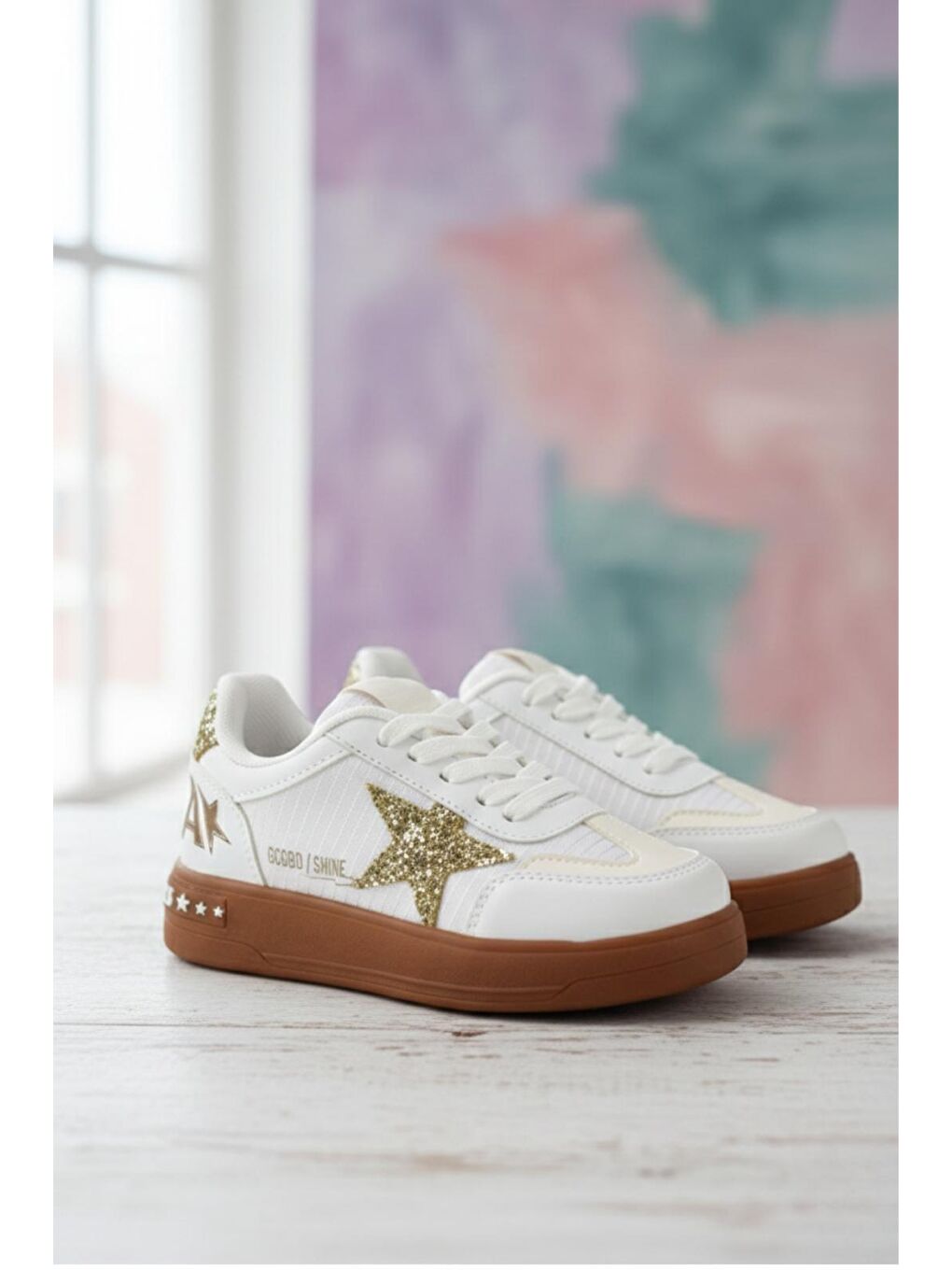 Beyaz Goldens Işıltılı Yıldız Detaylı Kız Çocuk Sneaker Konforlu Spor Ayakkabı-1