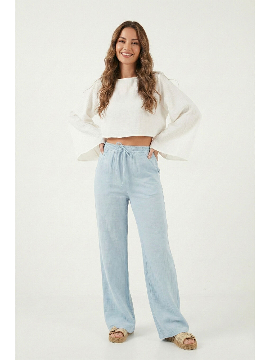 Mavi Pamuklu Bağlamalı Relaxed Fit Yüksek Bel Geniş Paça Kadın Müslim Pantolon 5866663-3