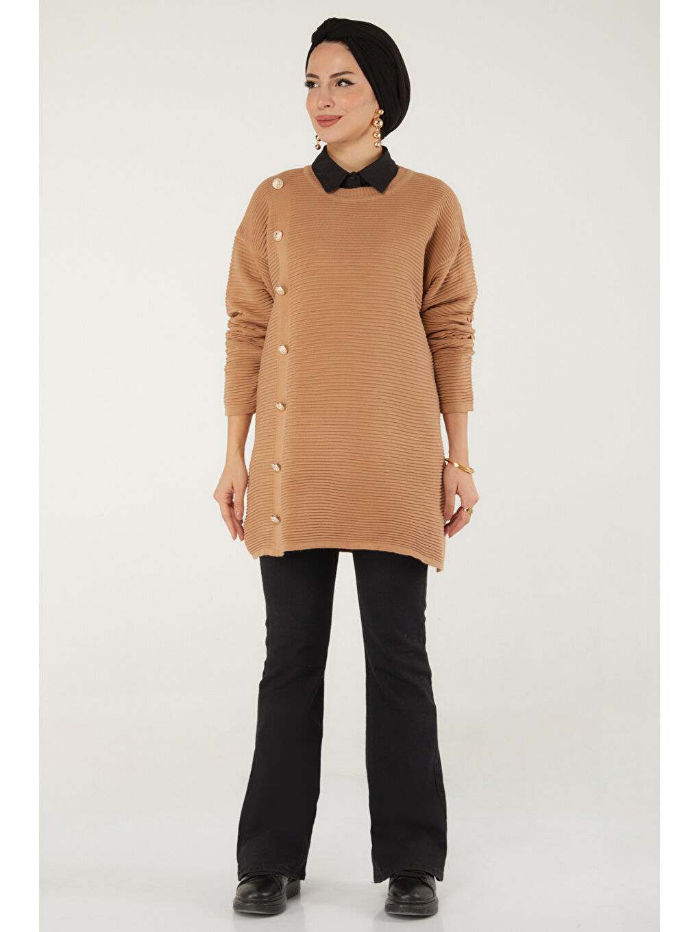 Bej Fitilli Düğmeli Triko Kazak Vizon - 27636-1