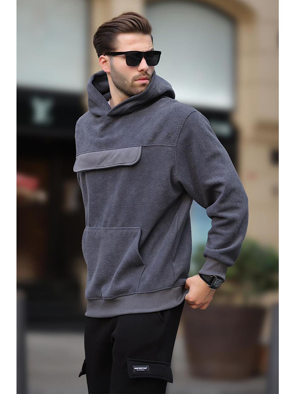 Madmext Füme Kapüşonlu Kapaklı Cep Detaylı Polar Erkek Sweatshirt 7097 - 1