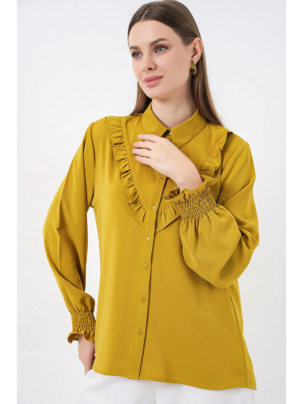 Sarı 20223 Fırfırlı Uzun Kol Gömlek - Hardal-4
