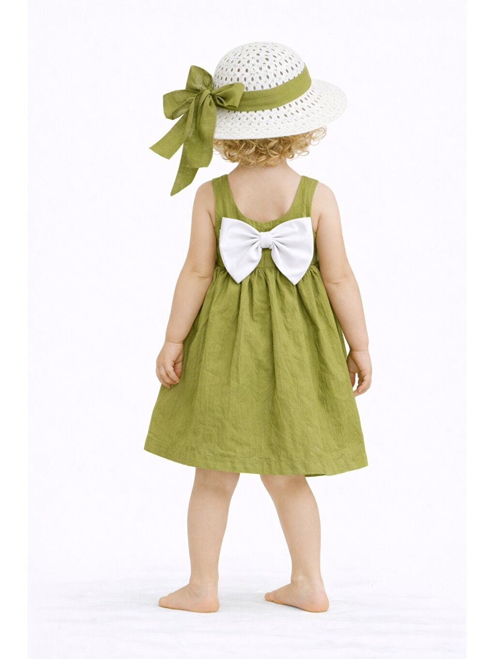 Yeşil Tatlı Kız Bebek Yazlık Fiyonklu Şapkalı Pamuklu 2'li elbise-1