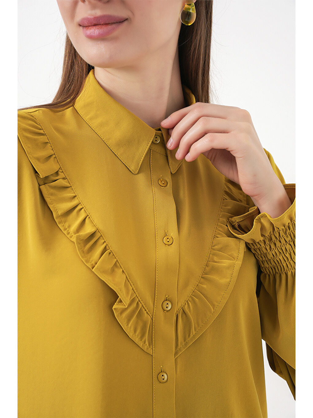 Sarı 20223 Fırfırlı Uzun Kol Gömlek - Hardal-5