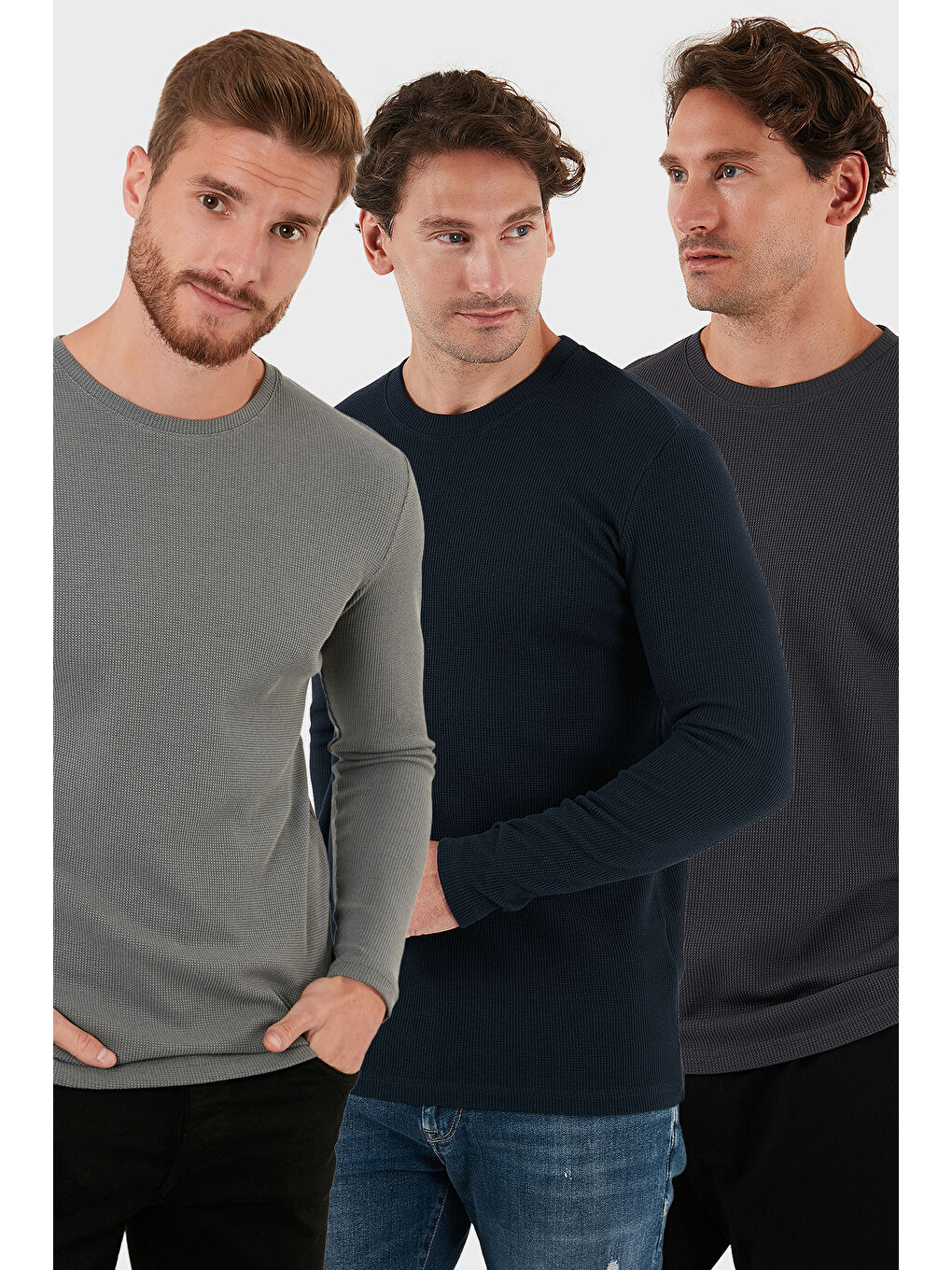 Antrasit Pamuklu Bisklet Yaka Slim Fit Basic 3'lü Paket Sweat 5905073S3