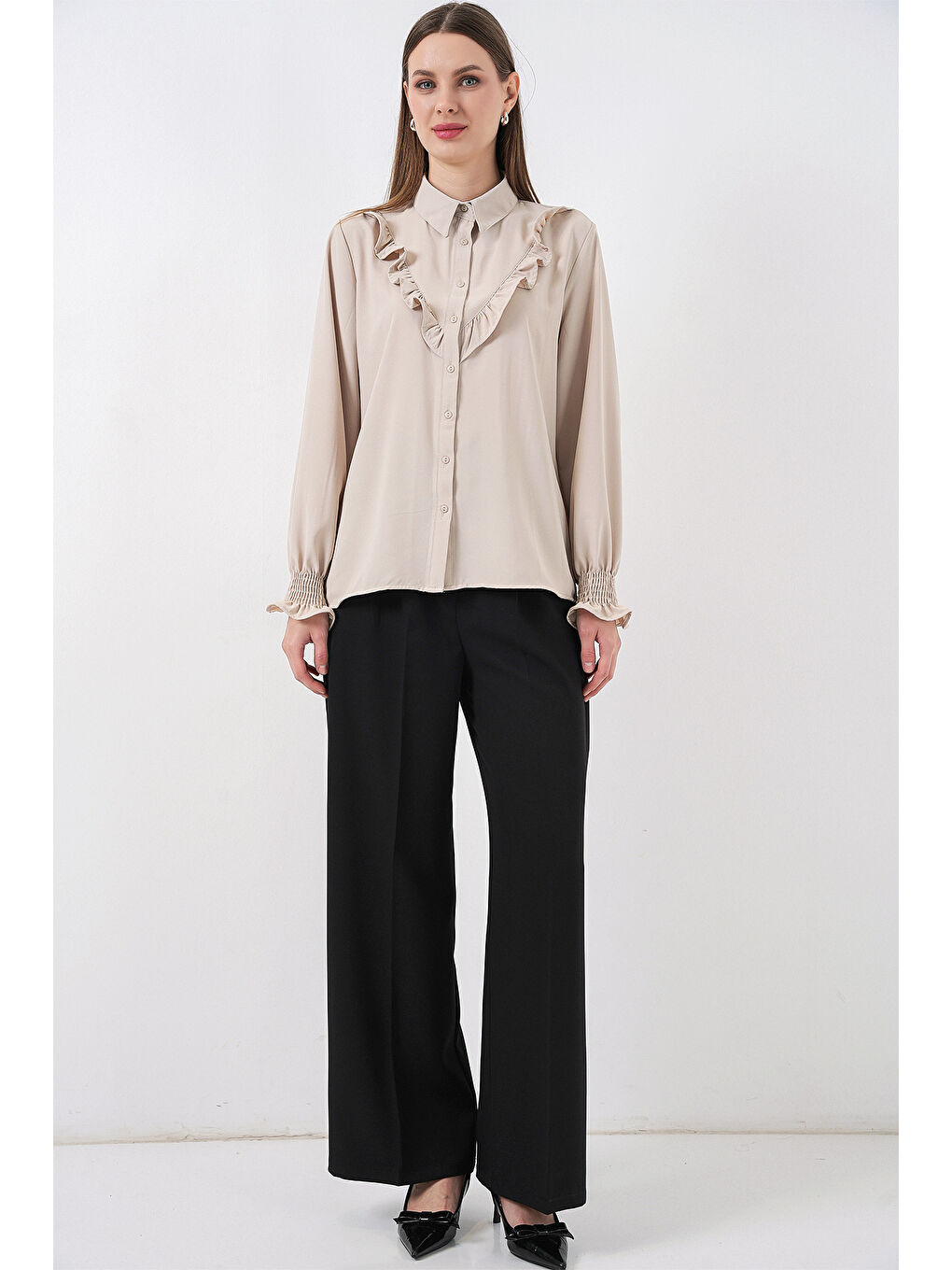 Bej 20223 Fırfırlı Uzun Kol Gömlek - Taş-1