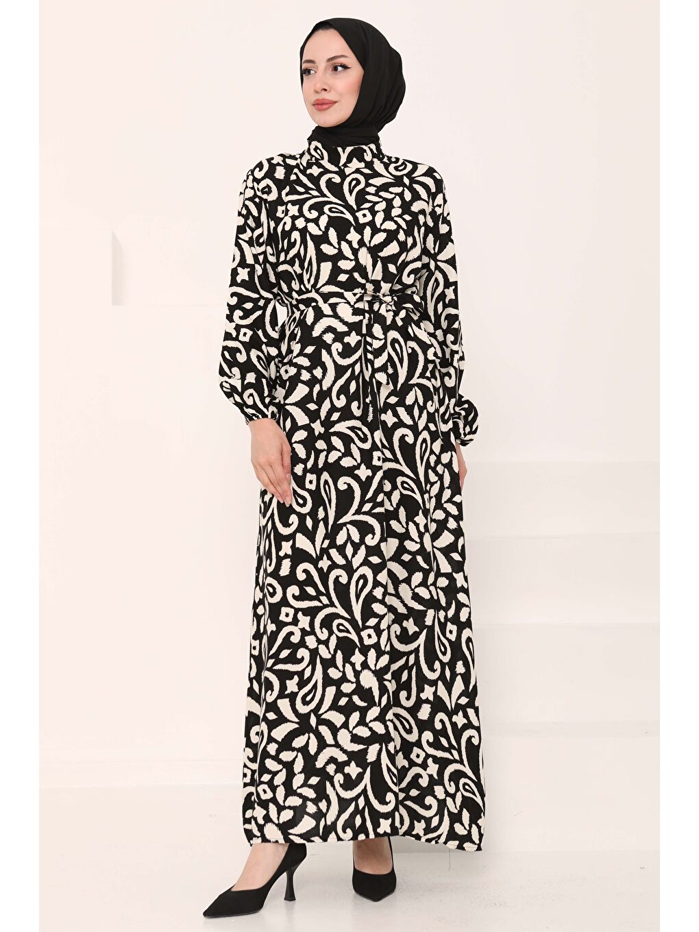 Kuşaklı Desenli Elbise Siyah - 27042