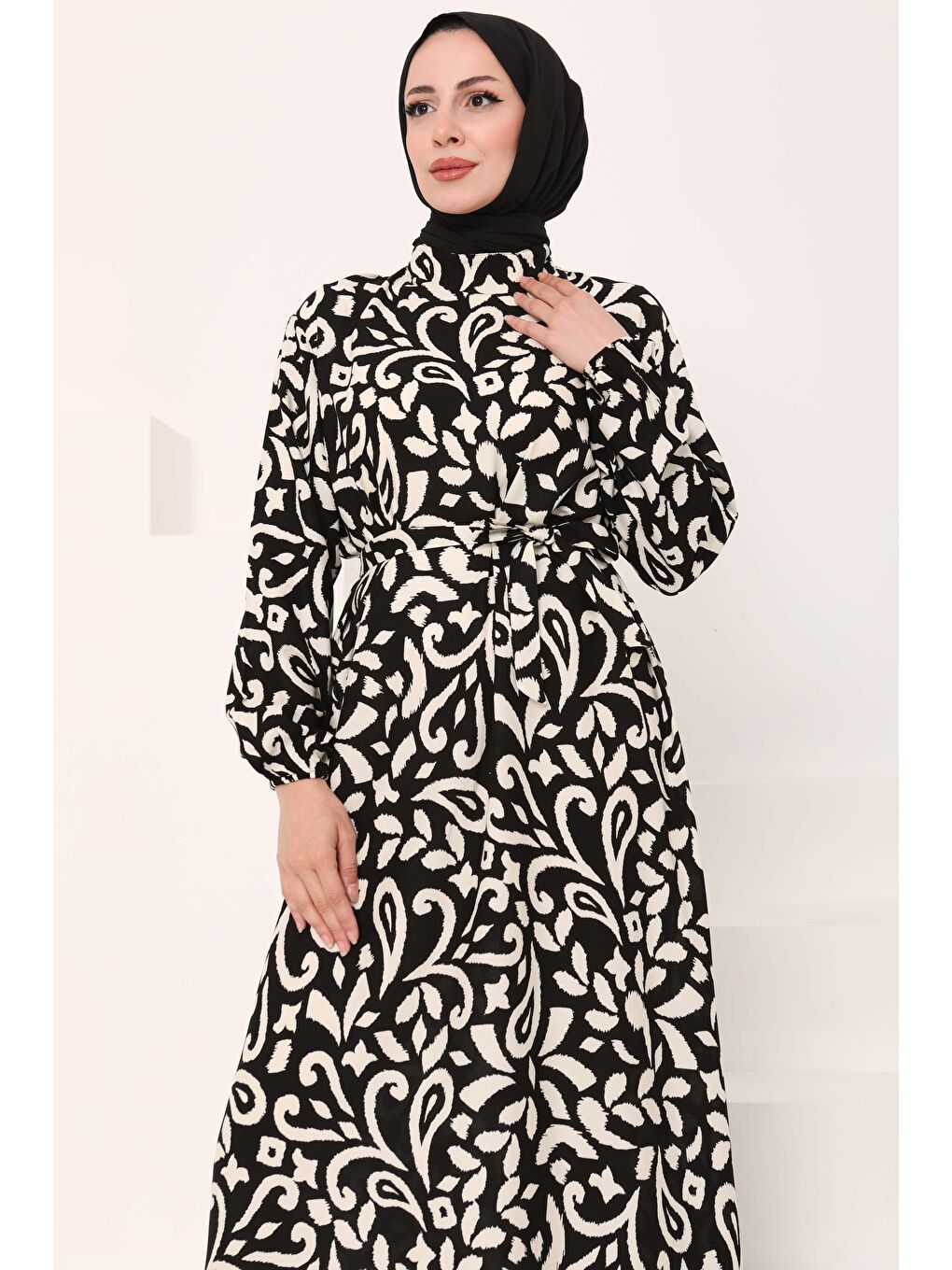 Kuşaklı Desenli Elbise Siyah - 27042-1