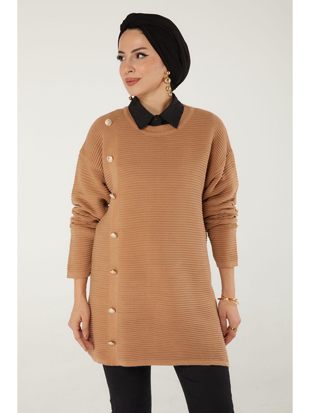 Bej Fitilli Düğmeli Triko Kazak Vizon - 27636-2