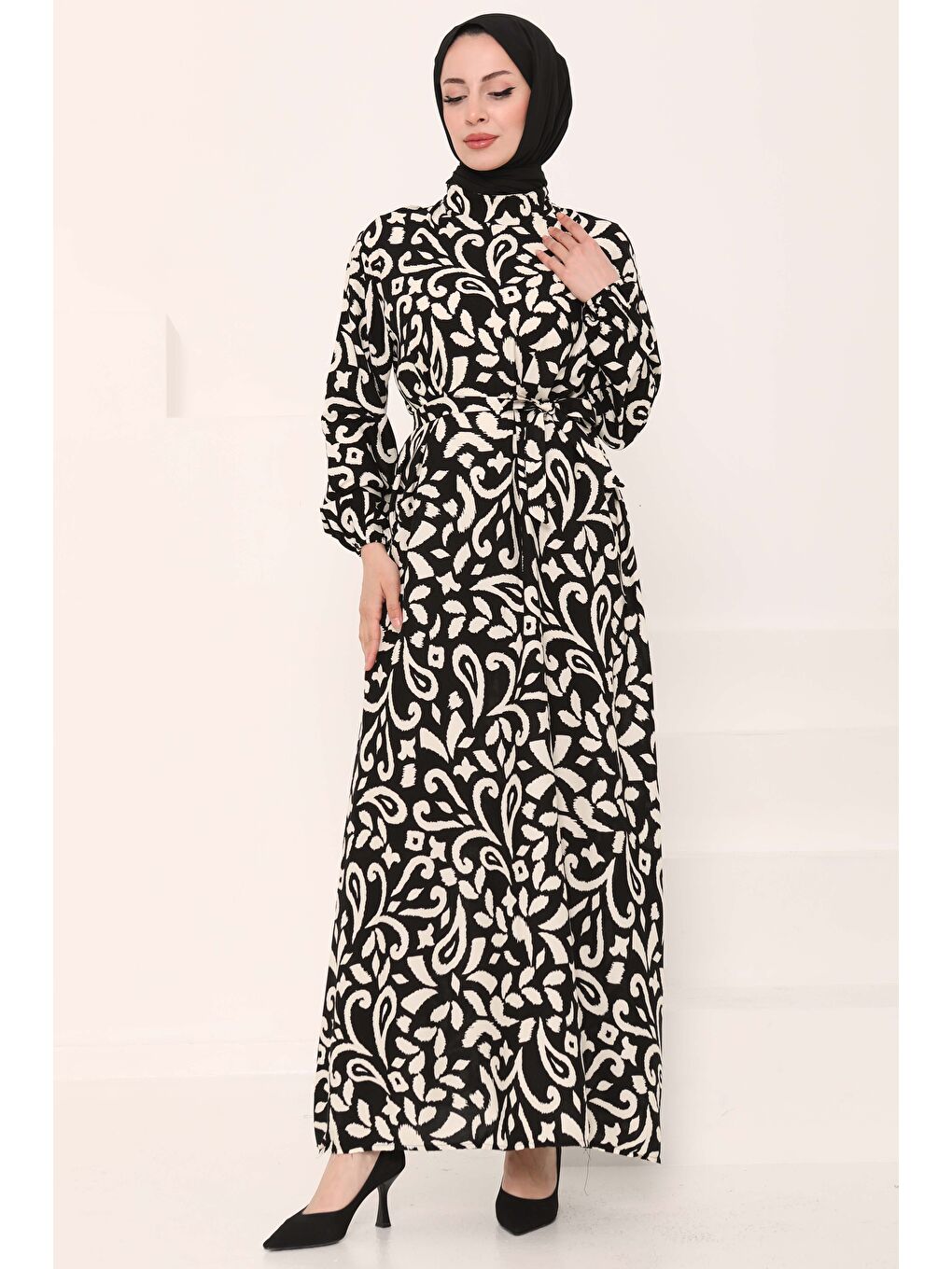 Kuşaklı Desenli Elbise Siyah - 27042-2