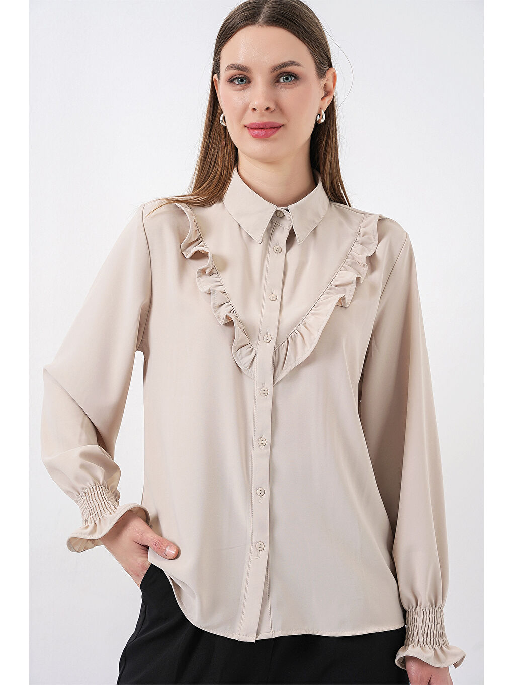 Bej 20223 Fırfırlı Uzun Kol Gömlek - Taş-2