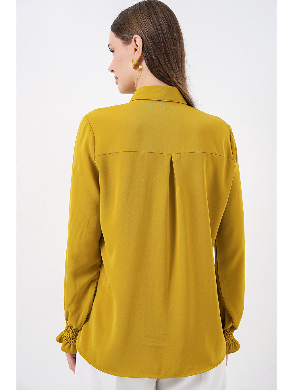 Sarı 20223 Fırfırlı Uzun Kol Gömlek - Hardal-6