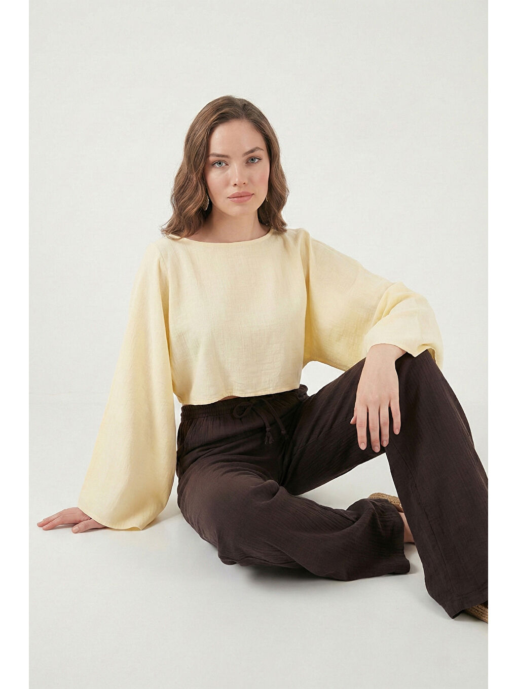 Kahverengi Pamuklu Bağlamalı Relaxed Fit Yüksek Bel Geniş Paça Kadın Müslim Pantolon 5866663-1