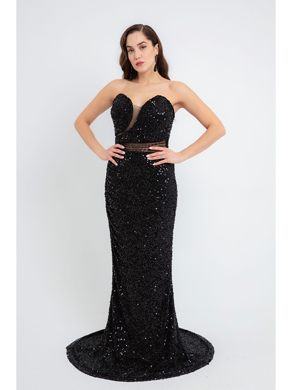 Kadın Siyah Straplez Pul Payet Uzun Abiye Elbise