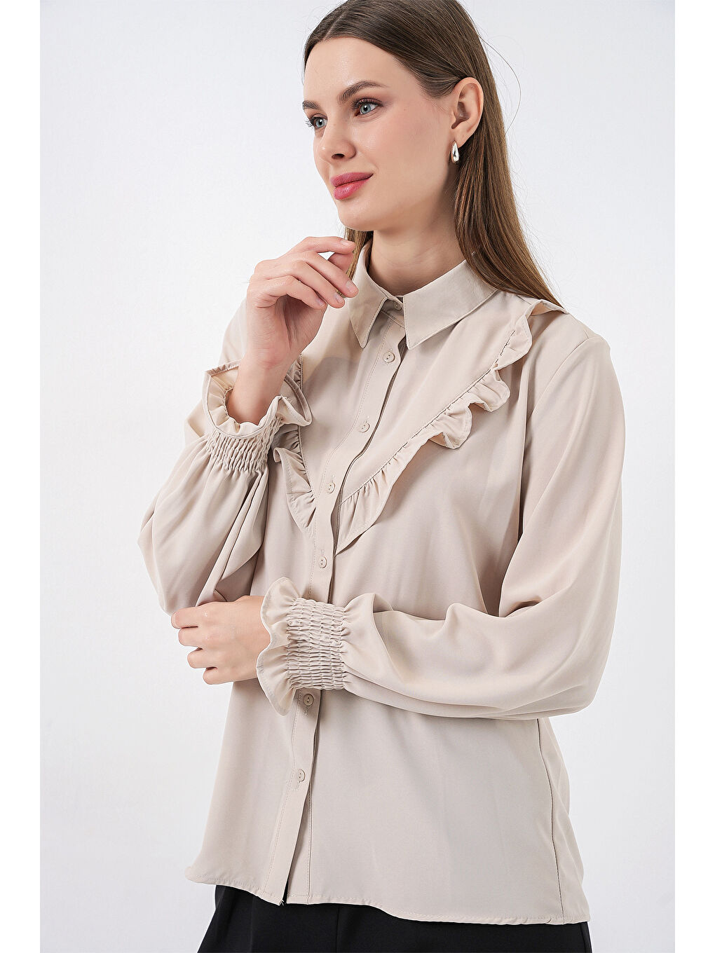 Bej 20223 Fırfırlı Uzun Kol Gömlek - Taş-3