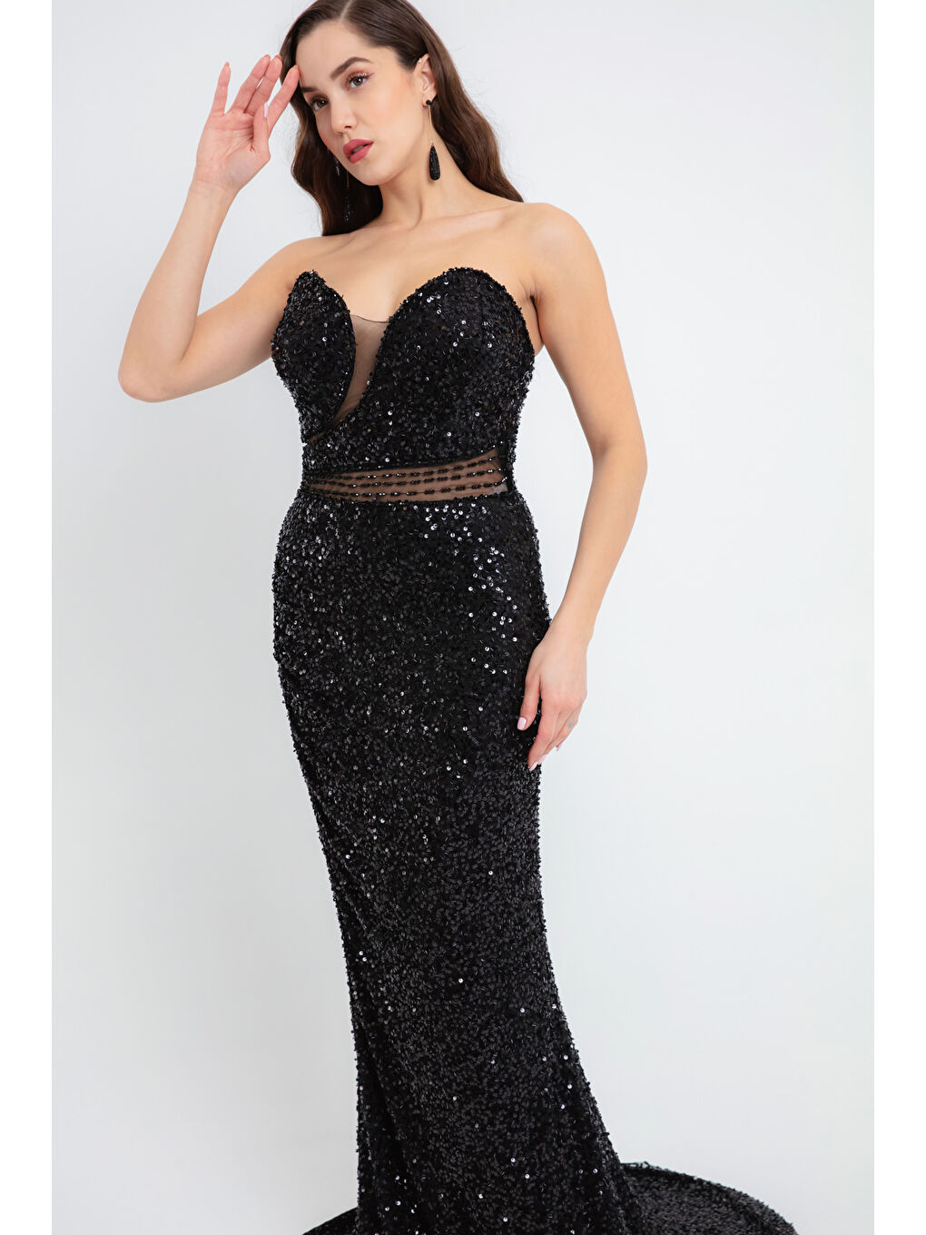 Kadın Siyah Straplez Pul Payet Uzun Abiye Elbise-1