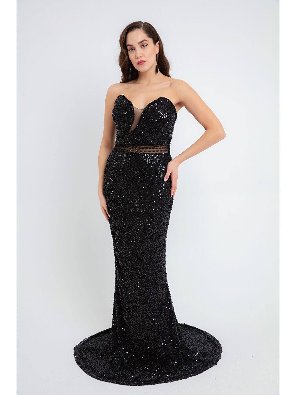 Kadın Siyah Straplez Pul Payet Uzun Abiye Elbise-2