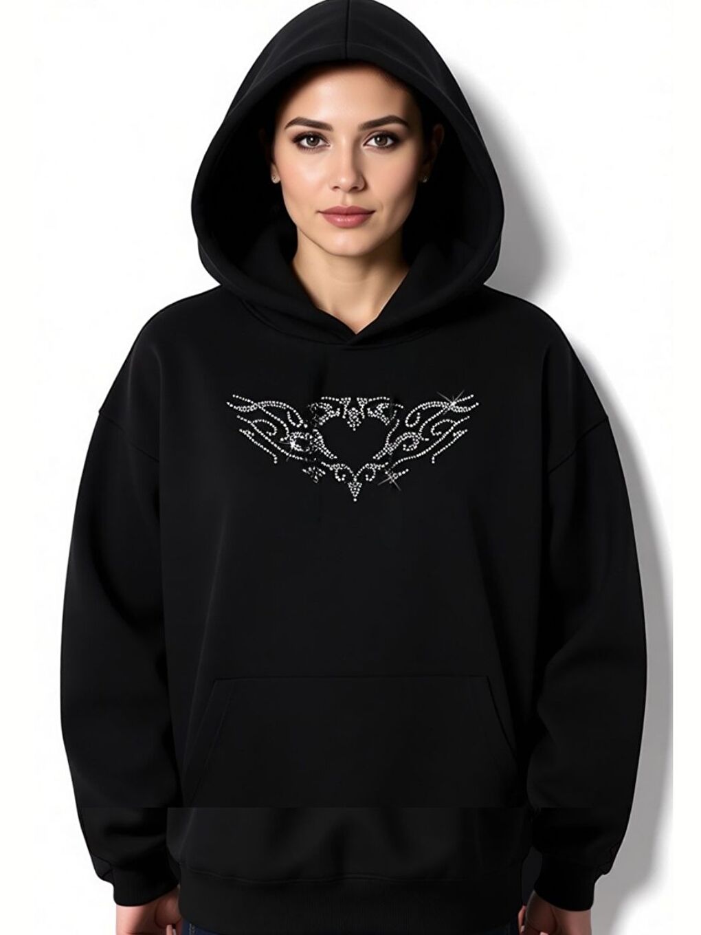 Kadın Siyah Taş Görünümlü Kalp Baskılı Kapüşonlu Sweatshirt