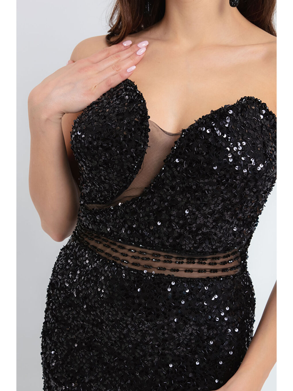 Kadın Siyah Straplez Pul Payet Uzun Abiye Elbise-3