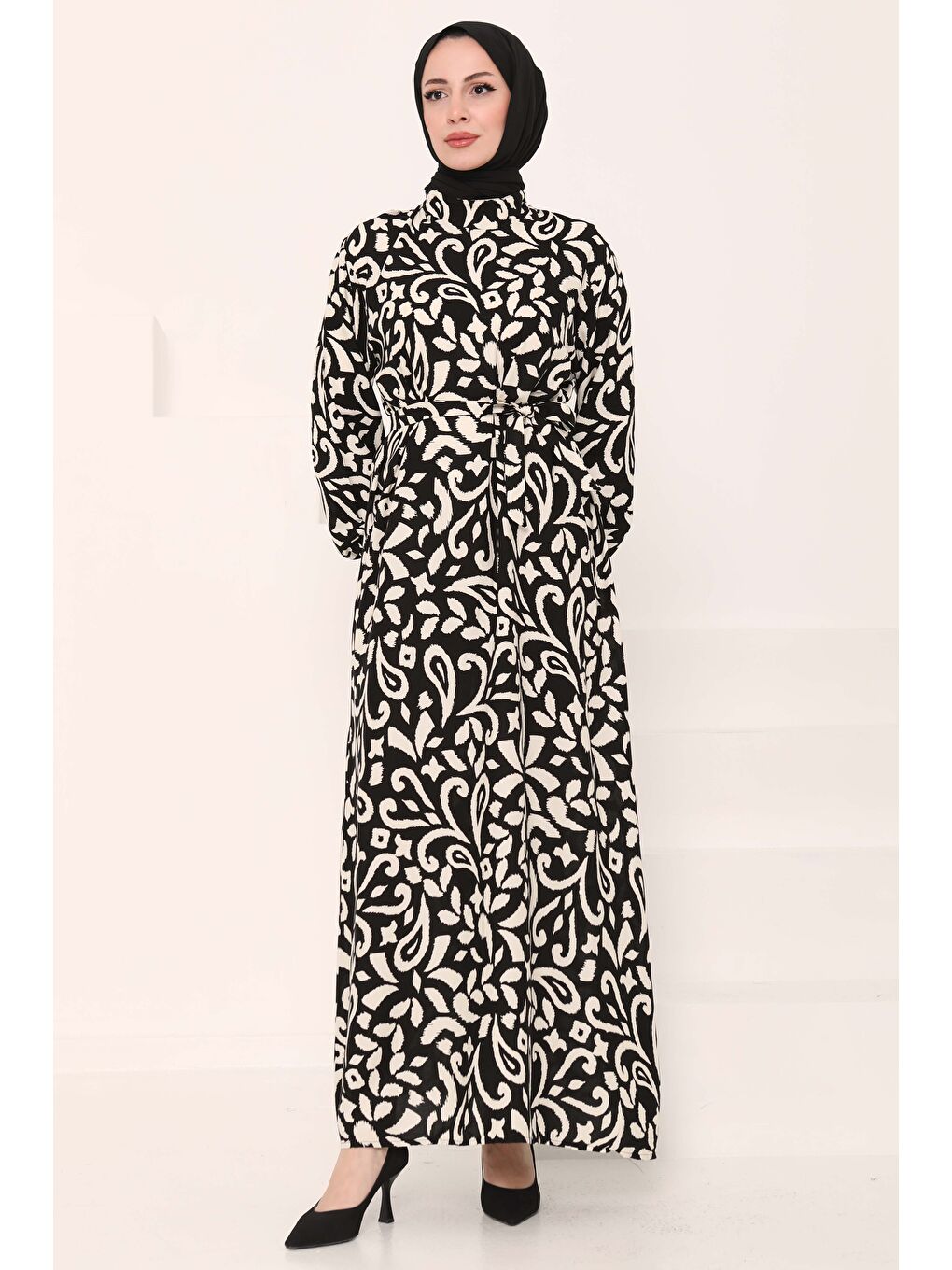 Kuşaklı Desenli Elbise Siyah - 27042-4