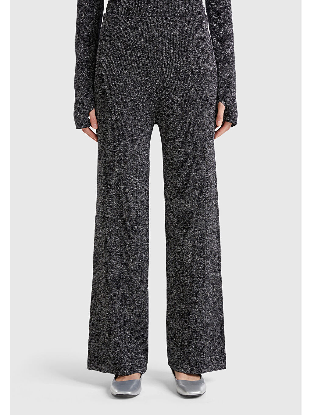 Gri Kadın Gümüş Pamuk ve Viskoz Karışımlı Simli Palazzo Pantolon-1