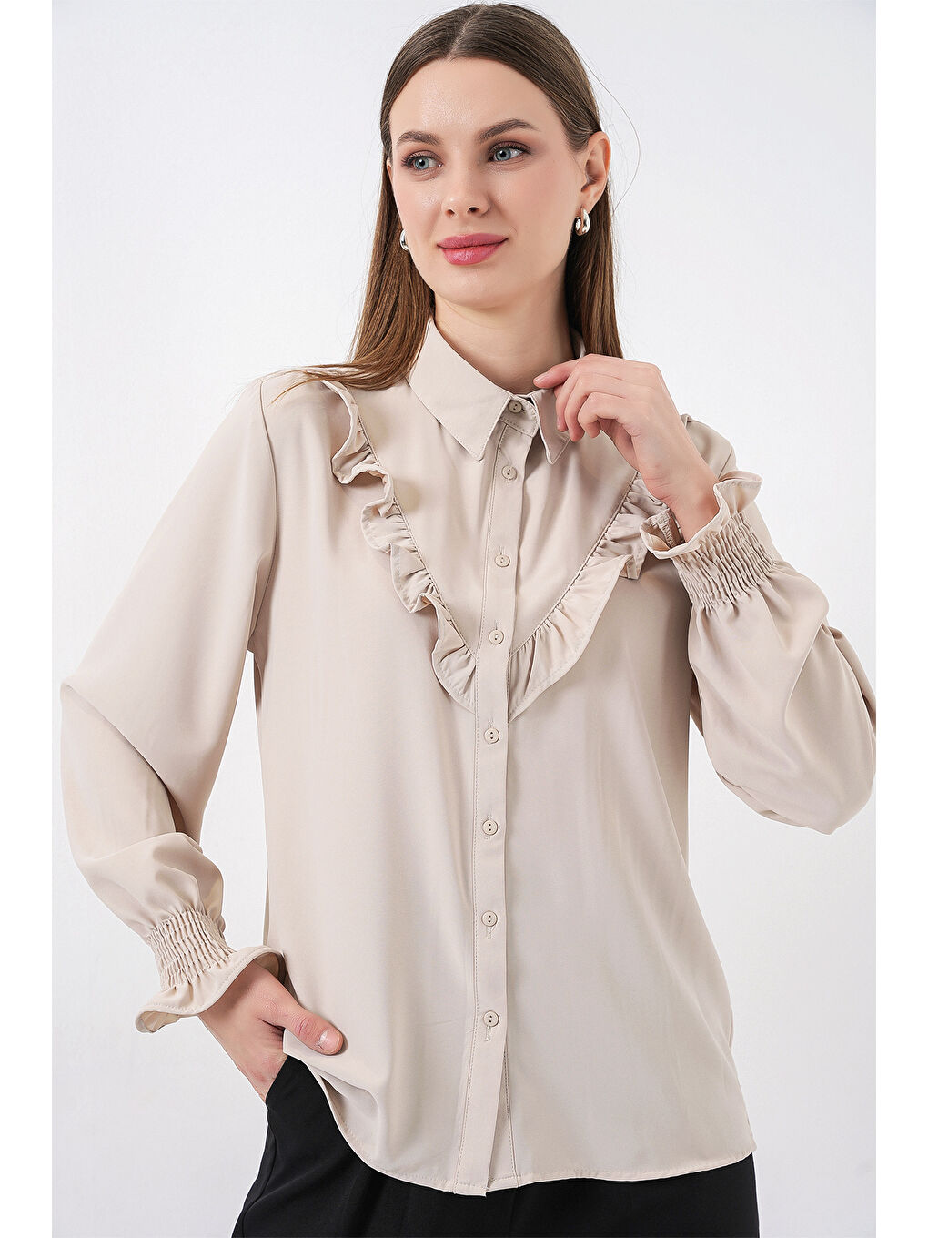 Bej 20223 Fırfırlı Uzun Kol Gömlek - Taş-4