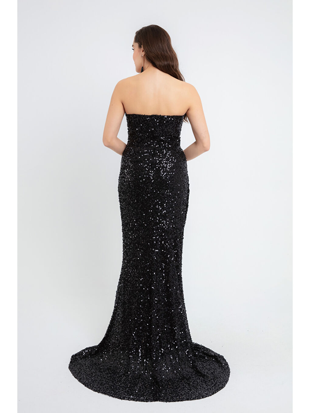 Kadın Siyah Straplez Pul Payet Uzun Abiye Elbise-4