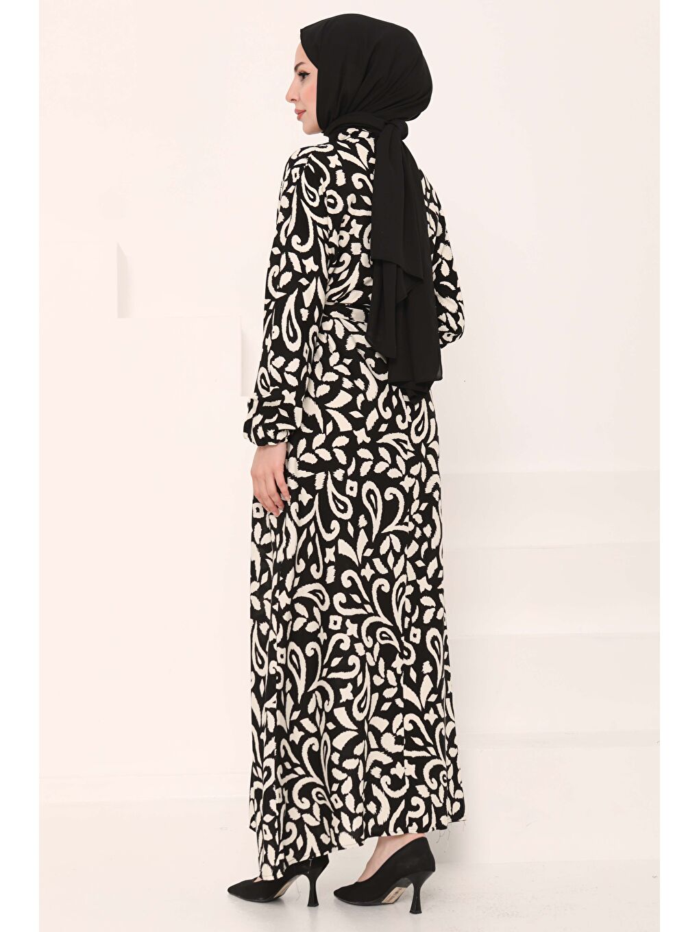Kuşaklı Desenli Elbise Siyah - 27042-5