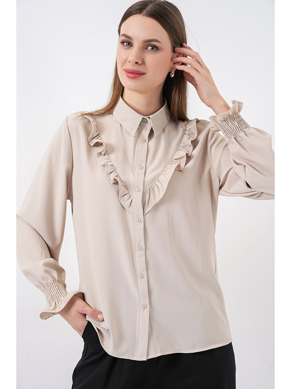 Bej 20223 Fırfırlı Uzun Kol Gömlek - Taş-5