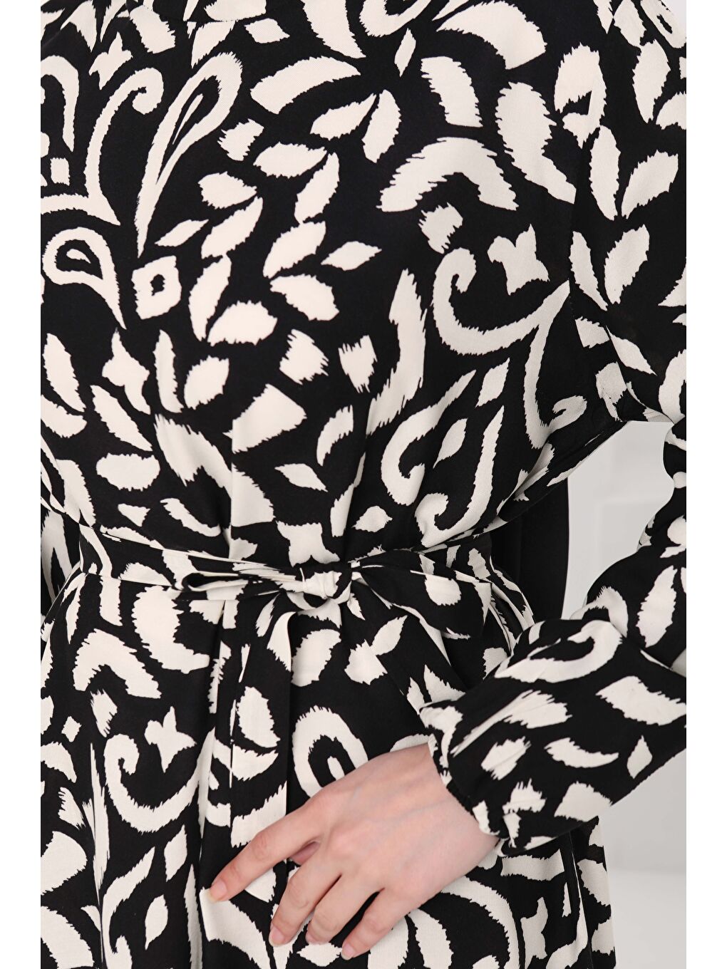 Kuşaklı Desenli Elbise Siyah - 27042-6